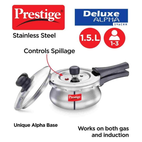 Details of Prestige Deluxe Alpha Svachh Stainless Steel Pressure Cooker of 1.5L