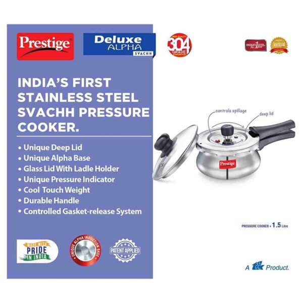 Details of Prestige Deluxe Alpha Svachh Stainless Steel Pressure Cooker of 1.5L